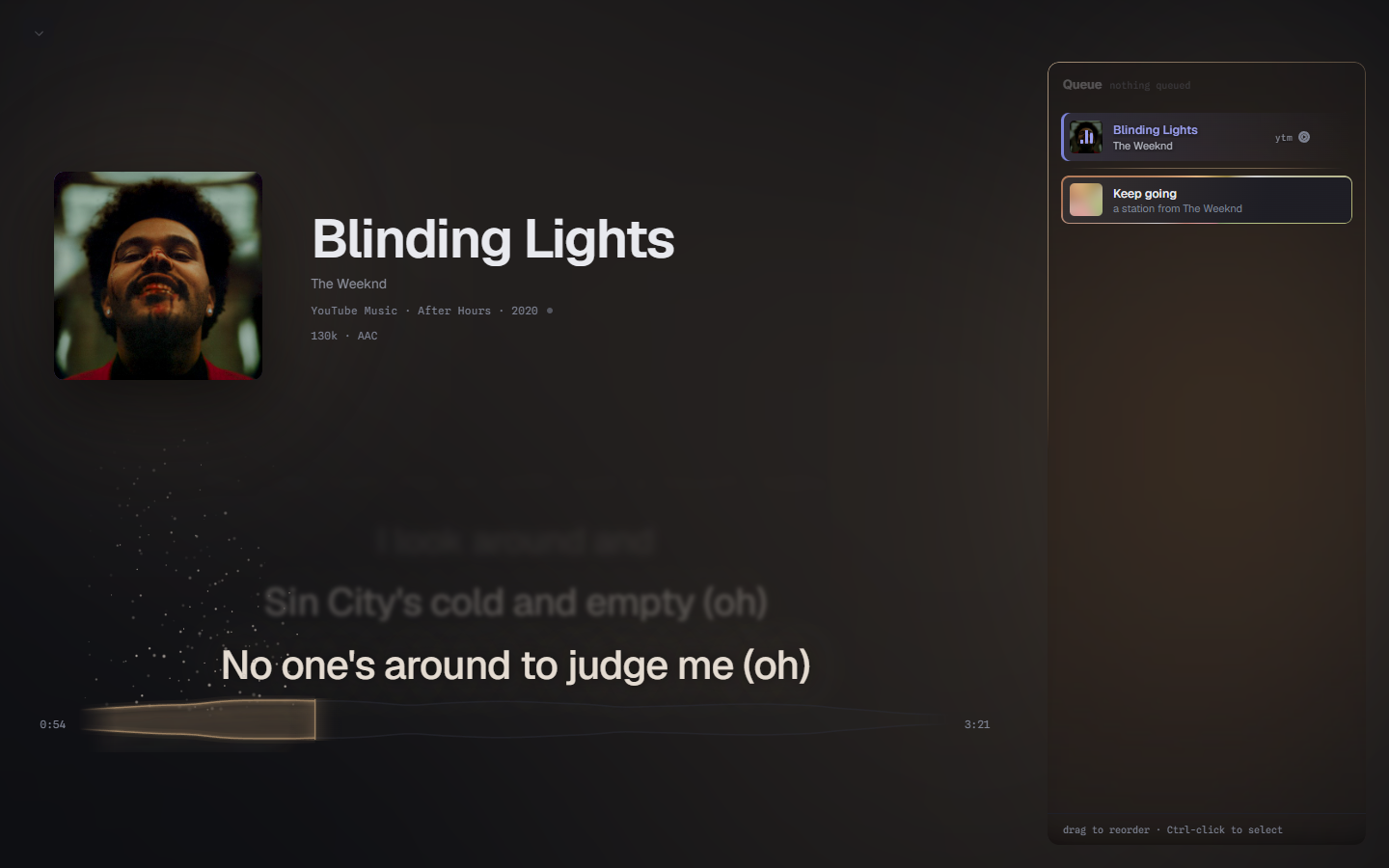 Lumify's full player: the album cover on the left, the title, artist and album beside it, the waveform along the bottom, and a queue on the right offering a station built from the same artist.